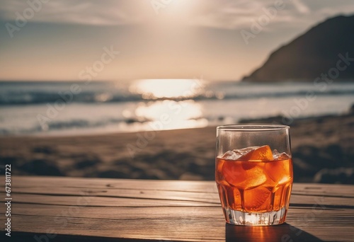 Aperol on top of a wooden table in front of the beach