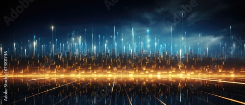 Internet global network abstract background with gold and blue glowing neon moving high speed line and wave, Generative AI photo