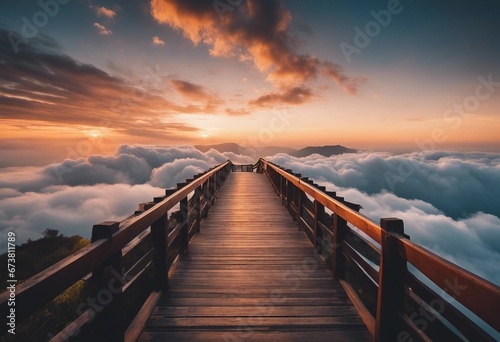Bridge in the clouds going to sunrise Beautiful freedom moment and peaceful atmosphere in nature