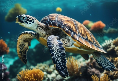 Turtle with group of colorful fish and sea animals with colorful coral underwater in ocean