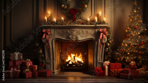 Cozy fireplace at home with Christmas tree and presents.