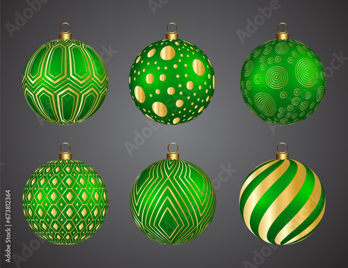Green christmas decoration balls with golden design