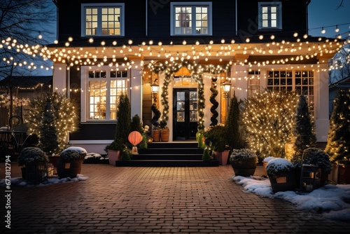 A home adorned with radiant lights and festive New Year's decorations, creating a vibrant and celebratory atmosphere