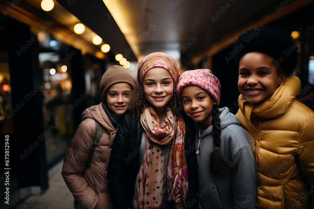 selfie of girls of different ethnicities in support of those suffering from cancer, wearing pink headscarves, international day against cancer. selfie of girls of different ethnicities in support of those suffering from cancer, wearing pink headscarves, international day against cancer.