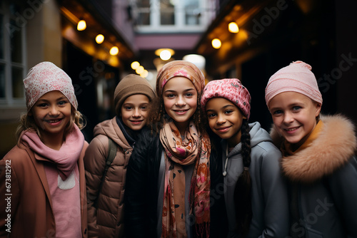 selfie of girls of different ethnicities in support of those suffering from cancer, wearing pink headscarves, international day against cancer.