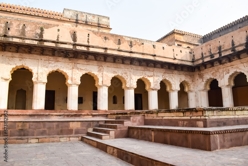 Beautiful view of Orchha Palace Fort, Raja Mahal and chaturbhuj temple from jahangir mahal, Orchha, Madhya Pradesh, Jahangir Mahal (Orchha Fort) in Orchha, Madhya Pradesh, Indian archaeological sites photo