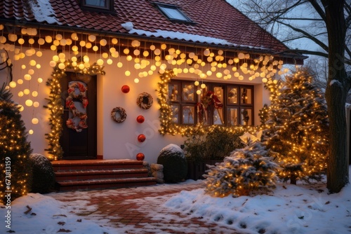 Illuminated Home: A residence adorned with gleaming lights and festive New Year's decorations