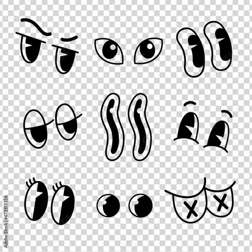 Retro cartoon old animation eyes. Groovy vintage 30s 60s 70s eyes with various emotions