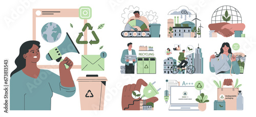 Social entrepreneurship set. Business' responsibility for impact on climate and environment. Company implementing solutions for future sustainable development. Flat vector illustration