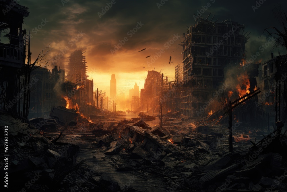A Ravaged Metropolis: A Post-Apocalyptic Cityscape with Wreckage and Ruins