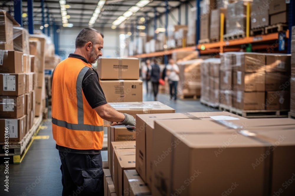 A Busy Warehouse Worker Organizing Boxes With an Orange Vest A Busy Warehouse Worker Organizing Boxes With an Orange Vest