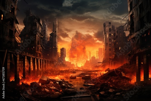 A City Engulfed in Flames with Towering Buildings in the Background