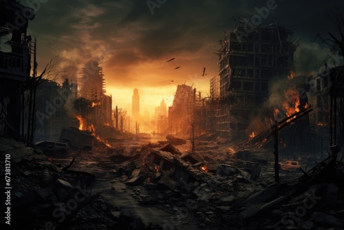 A Ravaged Metropolis: A Post-Apocalyptic Cityscape with Wreckage and Ruins