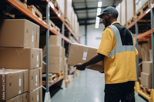 A Man in a Warehouse Holding a Box © pham
