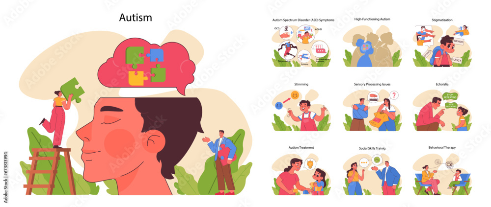Autism awareness concept. A comprehensive look into Autism Spectrum Disorder, its symptoms, and therapeutic approaches. Understanding, treatment, and acceptance. Flat vector illustration Autism awareness concept. A comprehensive look into Autism Spectrum Disorder, its symptoms, and therapeutic approaches. Understanding, treatment, and acceptance. Flat vector illustration