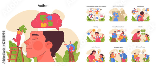 Autism awareness concept. A comprehensive look into Autism Spectrum Disorder, its symptoms, and therapeutic approaches. Understanding, treatment, and acceptance. Flat vector illustration
