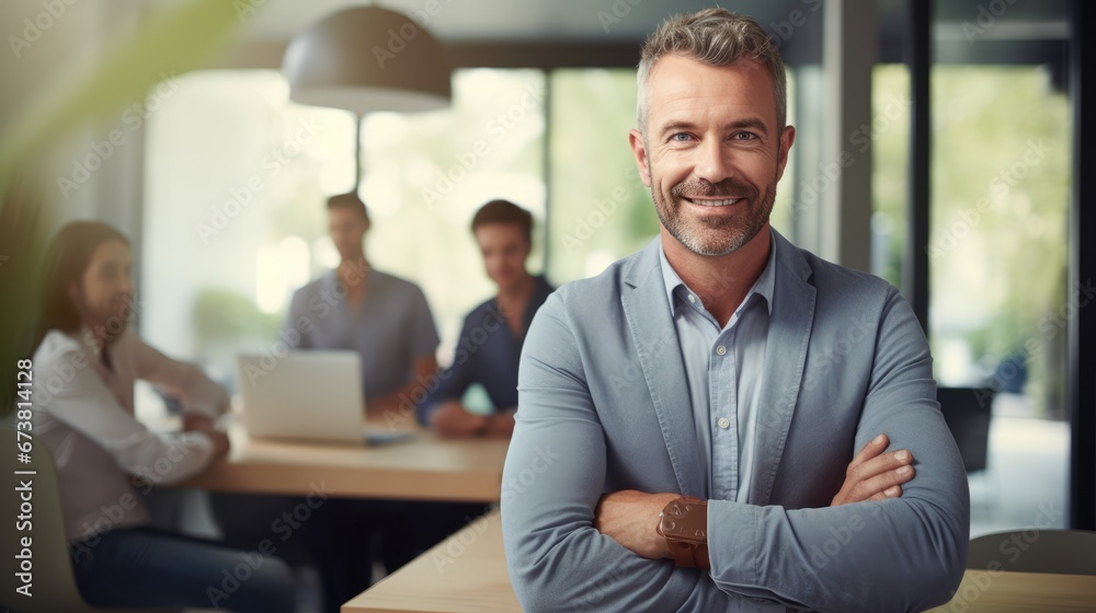 leader businessman in a boardroom with blurred officers background in office, Successful business team concept, Generative AI leader businessman in a boardroom with blurred officers background in office, Successful business team concept, Generative AI