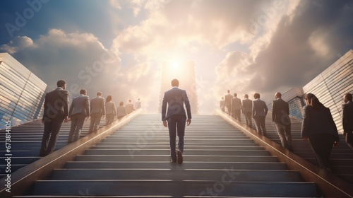 Ambitious and confident businessman in suit climbing the stairs to success with team following, leader concept, Generative AI #673814105