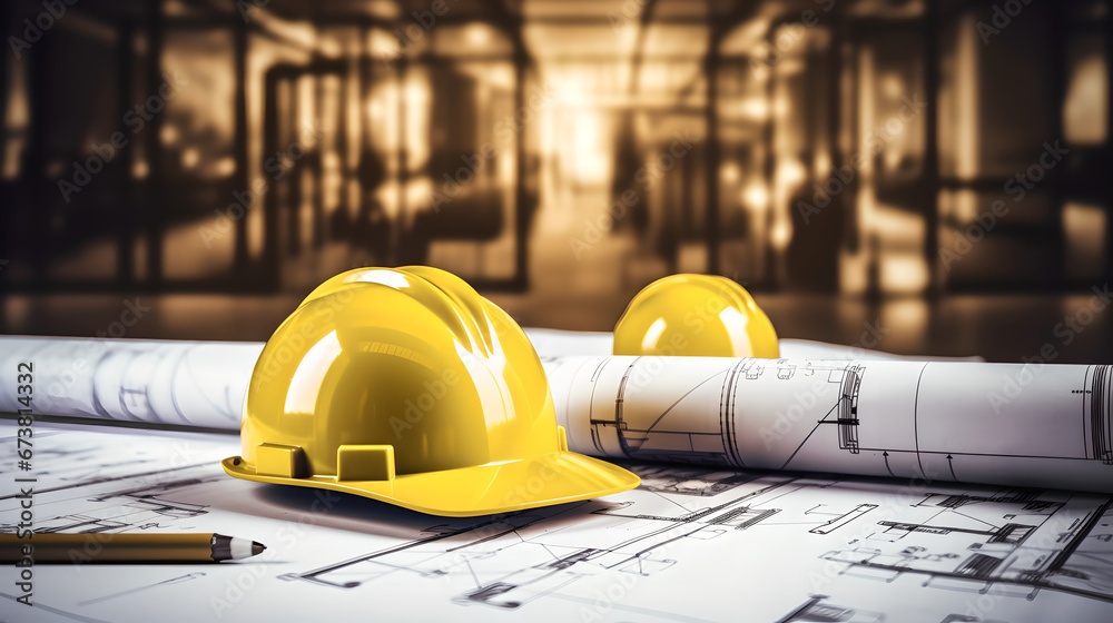 Construction Plans and Helmet, rolled blueprints with yellow safety ...