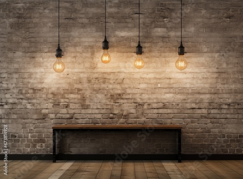 A Serene Retreat: A Brick Wall with a Bench and Five Hanging Light Bulbs © pham