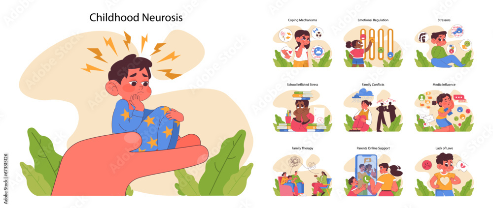Childhood neurosis set. Children feeling anxious and depressed. Coping methods, school stress, media role, family dynamics. Emotional regulation, external pressures. Flat vector illustration