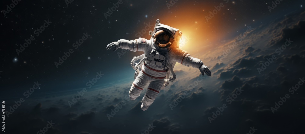 Naklejka premium Traversing Celestial Vistas: An Astronaut Adrift in Glowing Skies