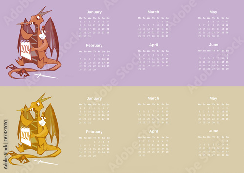 Calendar template for 2024 by month with the image of the Dragon - the symbol of the year according to the Chinese horoscope