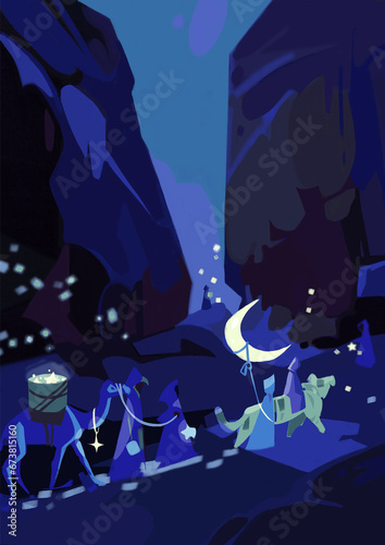 Illustration in bright mysterious blue tones of a caravan of animals and people moving in the moonlight among mountains and desert