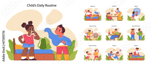 Child's daily routine set. Kids experiencing daily moments from waking up to bedtime. Breakfast, school, playtime, and social interactions. Learning self-discipline. Flat vector illustration photo