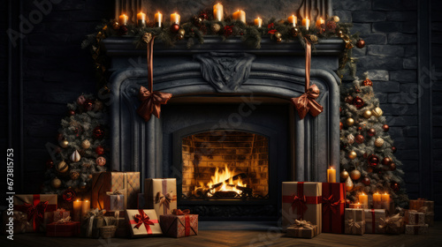 Cozy fireplace at home with Christmas tree and presents.