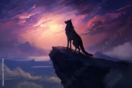 A Lone Wolf Surveying the Vast Wilderness From the Cliff Edge © pham