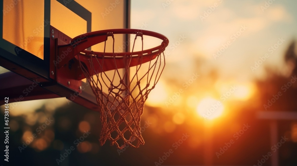 Street basketball hoop net on sunset background. Urban youth game.