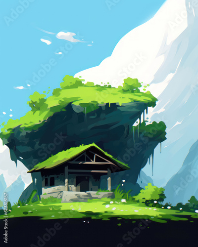 Wooden house in the mountains, cartoon style