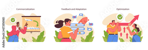 Innovation cycle set. Generation of a creative idea or business solution. Start up or new project development. Data analysis, prototyping and testing. Flat vector illustration