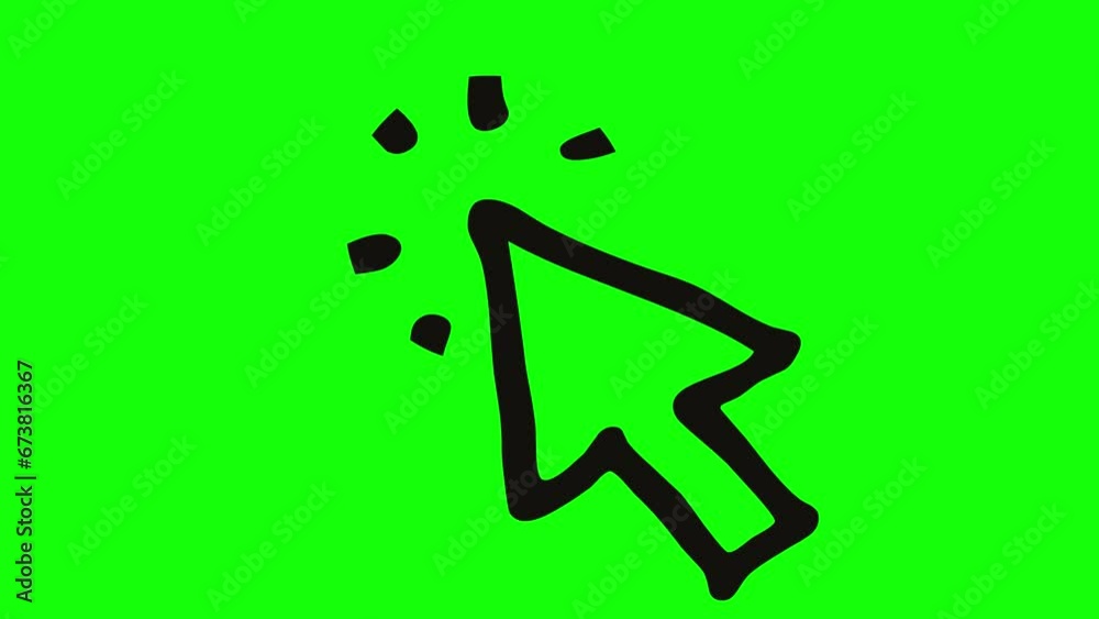 Animated black symbol of mouse cursor. Arrow with rays clicks. Icon in sketch style. Hand drawn vector illustration isolated on green background. Animated black symbol of mouse cursor. Arrow with rays clicks. Icon in sketch style. Hand drawn vector illustration isolated on green background.