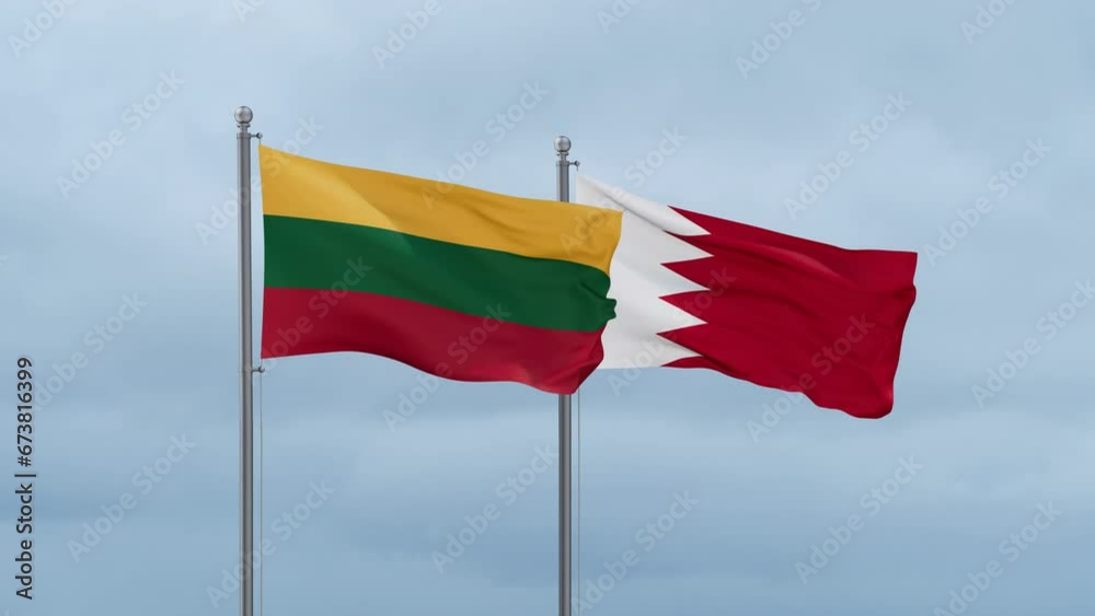Bahrain flag and Lithuania flag waving together on cloudy sky, endless seamless loop, two country relations concept