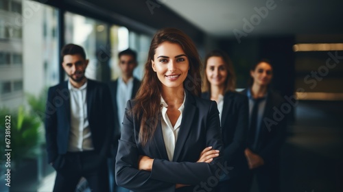 leader businesswoman in suit in with blured team people in office, successful teamwork and confident manager, Generative AI