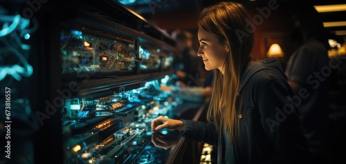 a woman in an aisle of an internet data storage nas server