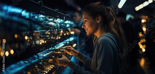 a woman in an aisle of an internet data storage nas server