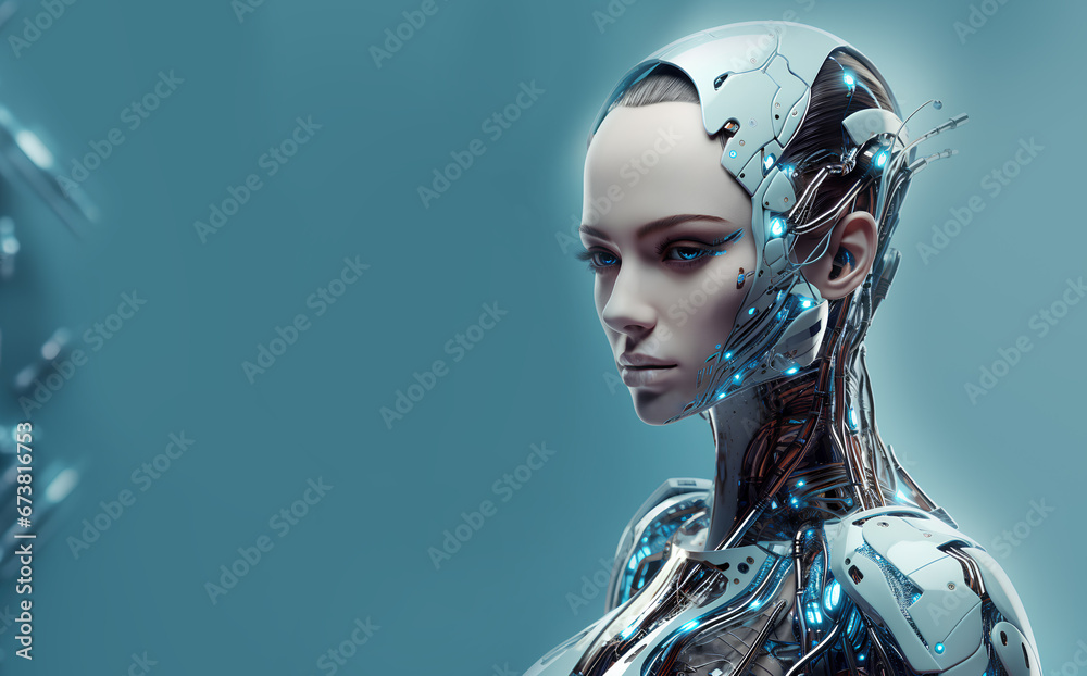 Futuristic hybrid cyborg beauty female white robot with artificial intelligence, three-quarter face on blue blurred background, glowing eyes. Horizontal banner with space for text. Futuristic hybrid cyborg beauty female white robot with artificial intelligence, three-quarter face on blue blurred background, glowing eyes. Horizontal banner with space for text.
