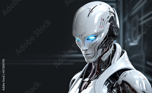 White futuristic robot with artificial intelligence, three-quarter face on black background, glowing blue eyes
