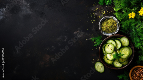 Top view. Appetizing composition of pickled cucumbers with garlic and mustard seed on a dark countertop. Food is near the left edge, leaving empty space in the center 