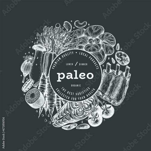 Paleo Diet Chalk Board Design Template. Vector Hand Drawn Healthy Food Banner. Vintage Style Menu Illustration.