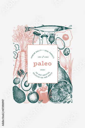 Paleo Diet Design Template. Vector Hand Drawn Healthy Food Banner. Vintage Style Menu Illustration.