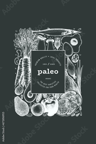Paleo Diet Chalk Board Design Template. Vector Hand Drawn Healthy Food Banner. Vintage Style Menu Illustration.