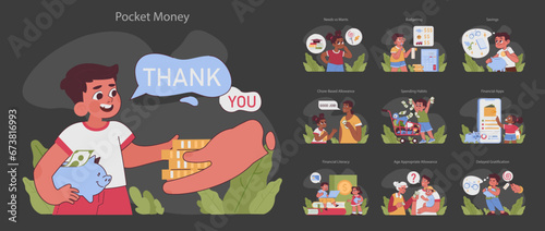 Pocket money dark or night mode set. Kids learning financial skills, from savings to budgeting. Allowance for doing chores. Financial literacy, kids needs and wants. Flat vector illustration