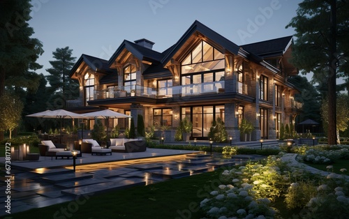 Beautiful home exterior in evening with glowing interior