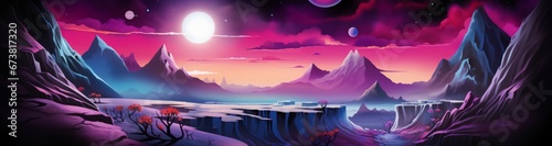 Purple Space Landscape with Vibrant Objects