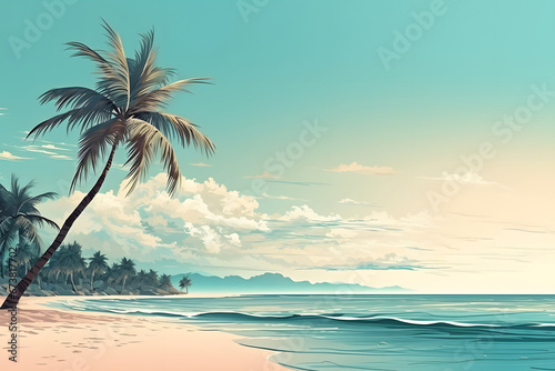 tropical beach view at day time with white sand, turquoise water and palm tree. Neural network generated image. Not based on any actual scene or pattern.