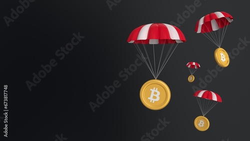 btc, Bitcoin, airdrop coins falling for a cryptocurrency concept, many coins going parachute chute down falling bounty. white background. symbol and ticker icons. 4k 3D rendering photo